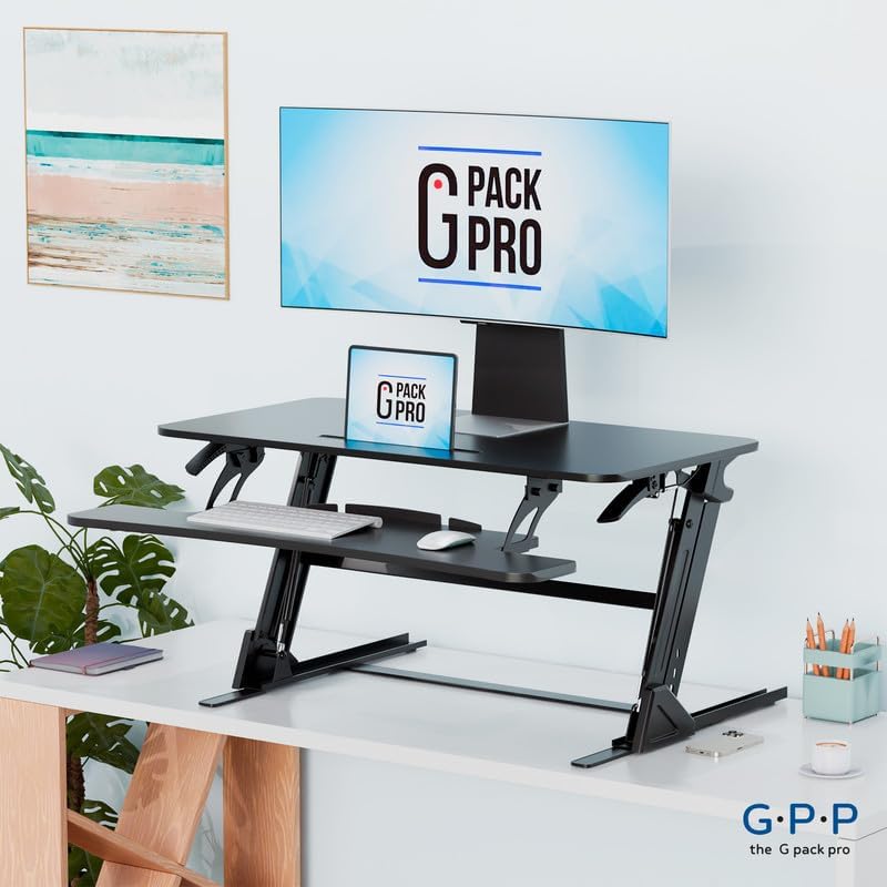 38″ Wide Standing Desk Converter – Sit-to-Stand Workstation for Dual Monitors, Height Adjustable Up to 17.3″ with Large Keyboard Tray – Black