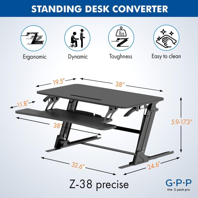 38″ Wide Standing Desk Converter – Sit-to-Stand Workstation for Dual Monitors, Height Adjustable Up to 17.3″ with Large Keyboard Tray – Black
