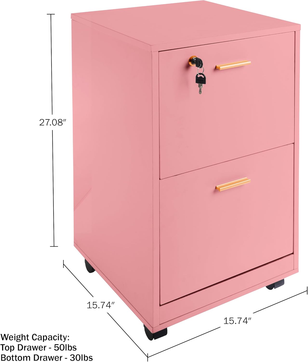 Lavish Home 2 Drawer File Cabinet - Filing Cabinet with Lock - Rolling File Cabinet for Under Desk Storage - Wood Filing Cabinet for Home or Office Organization (Pink)