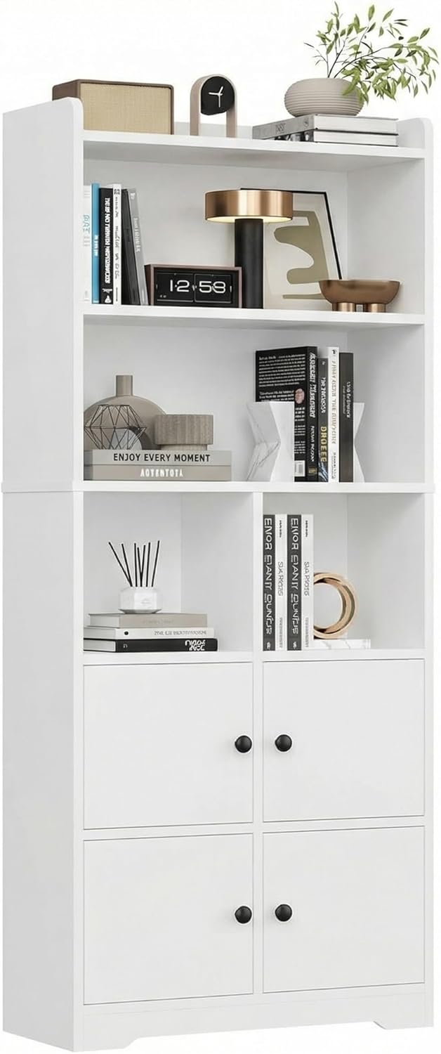 IRONCK Bookshelf and Bookcase with Doors, Floor Standing 6 Tiers Display Storage Shelves, Wooden Storage Cabinet for Bedroom, Living Room, Office, White