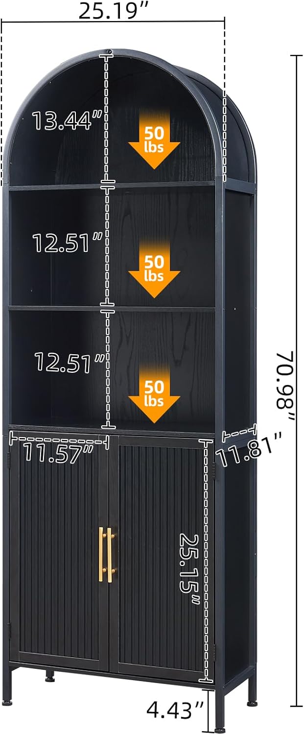 Arched Bookcase Book Shelf with Doors, 5 Tier Display Bookshelf Tall Cabinet with Storage, Industrial Floor Standing Bookshelves Open bookcases for Home Office, Living Room(Black)
