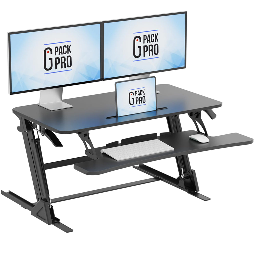 38″ Wide Standing Desk Converter – Sit-to-Stand Workstation for Dual Monitors, Height Adjustable Up to 17.3″ with Large Keyboard Tray – Black