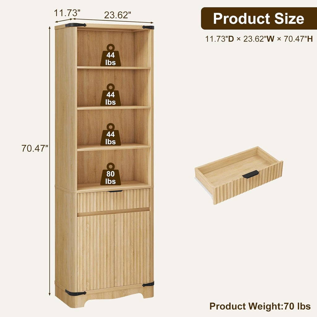 Fluted Bookcase with Doors and Drawer, Modern Farmhouse 70.47'' Tall Narrow Bookshelf with Storage, Wooden Floor Standing 6 Shelf Display Book Shelf Organizer for Home Office, Living Room, Oak
