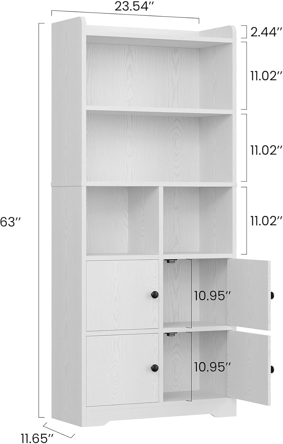 IRONCK Bookshelf and Bookcase with Doors, Floor Standing 6 Tiers Display Storage Shelves, Wooden Storage Cabinet for Bedroom, Living Room, Office, White