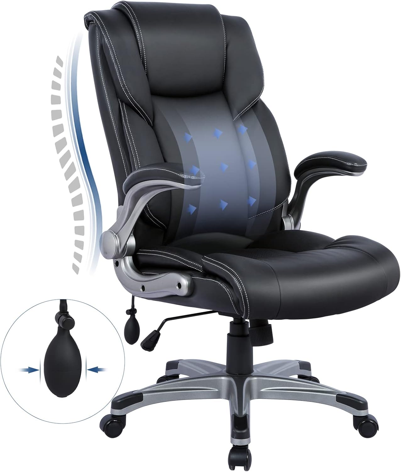 COLAMY High Back Executive Office Chair - Padded Leather Ergonomic Computer Desk Chair with Inflatable Lumbar Support & Flip-Up Arms, Adjustable Tilt Lock Swivel Task Chair for Home Office, Black