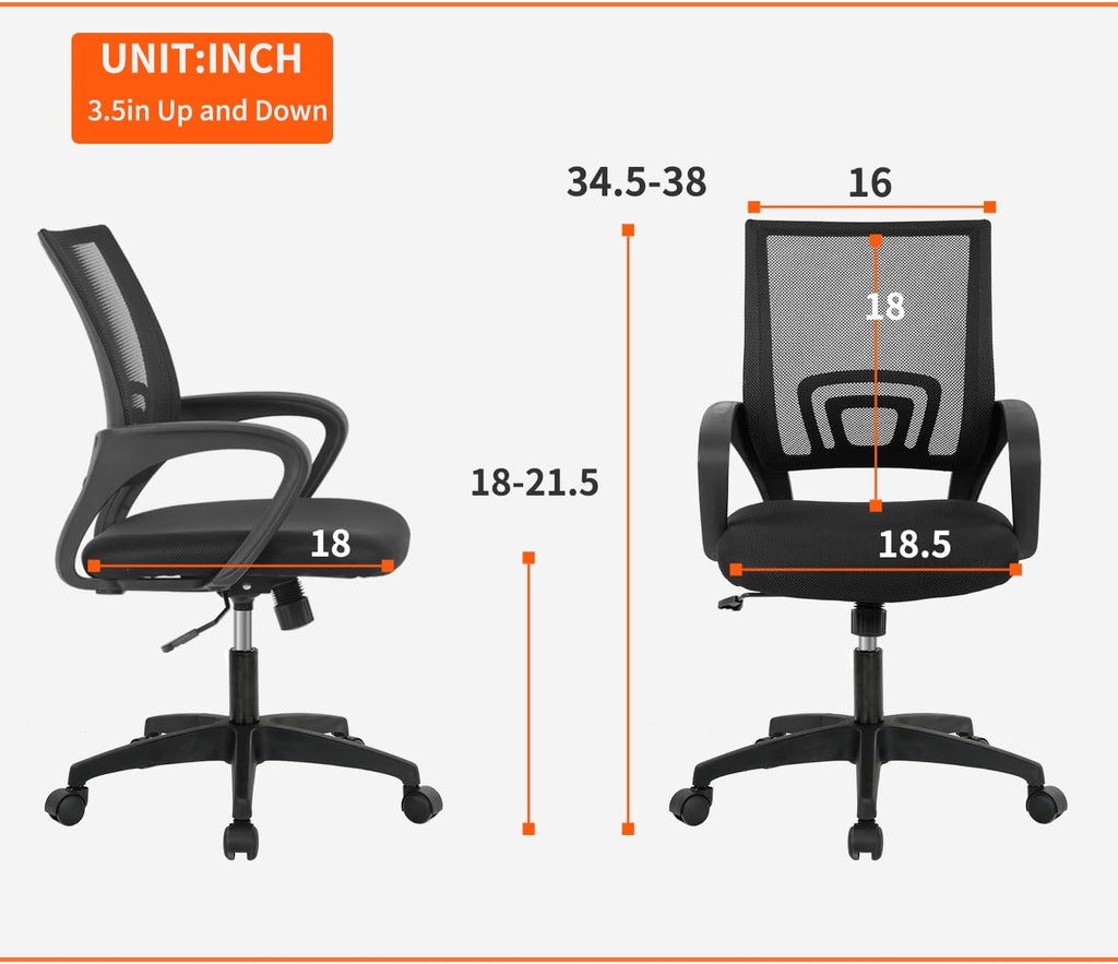 BestOffice | Ergonomic Office Chair | Mid-Back Swivel Desk Chair | Breathable Backrest & Lumbar Support | Adjustable Height | Sponge Seat | Rolling Wheels | Black | for Adults & Women