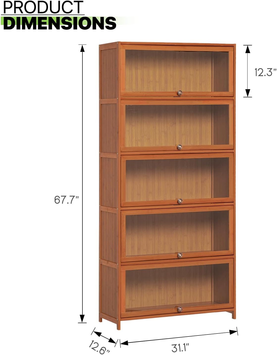 Magshion Bamboo Display Cabinet, 5-Tier Curio Cabinet with Clear Acrylic Flip-Up Doors, 67.5" High Brown Kitchen Cabinet Storage Cabinet Showcase Storage Cabinet Organizer for Living Room - 31" Length