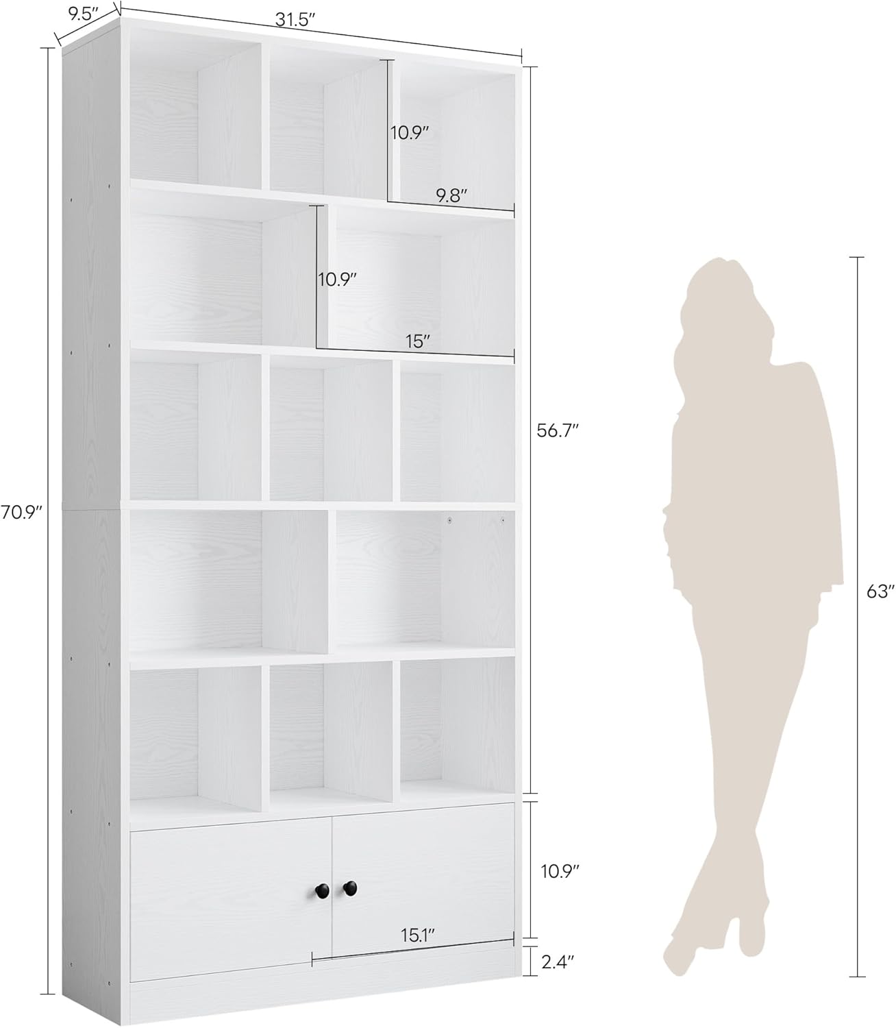 IRONCK 71" Tall Bookcases with 2 Doors, 6-Tier 13 Cubes Modern Bookshelf with Storage Shelves for Living Room Home Office, White