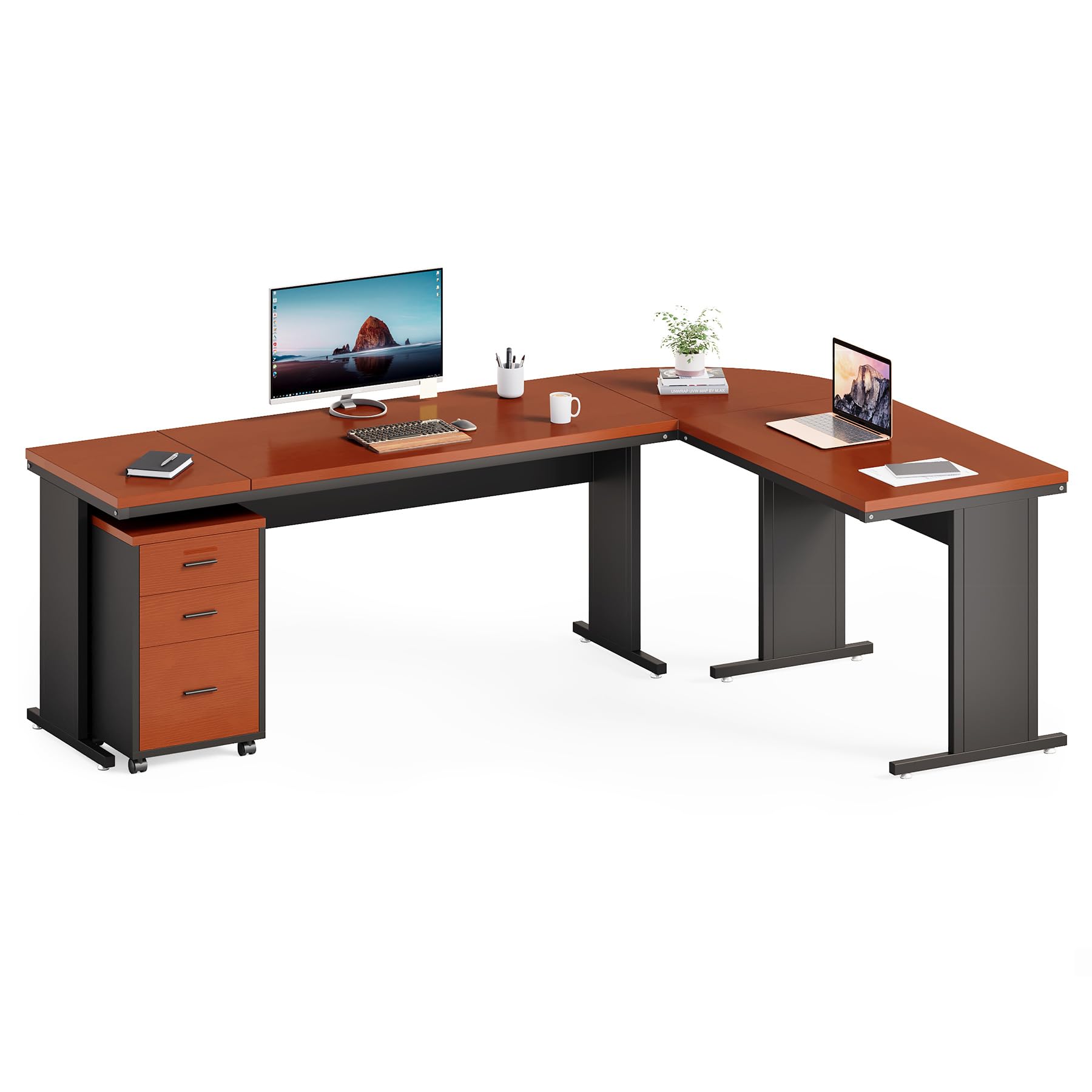 LITTLE TREE 82.67" Long Executive Desk with Drawers, Large L-Shaped Office Desk with Mobile File Cabinet, Farmhouse Computer Office Furniture Work Desk with Storage for Home Office, Gray