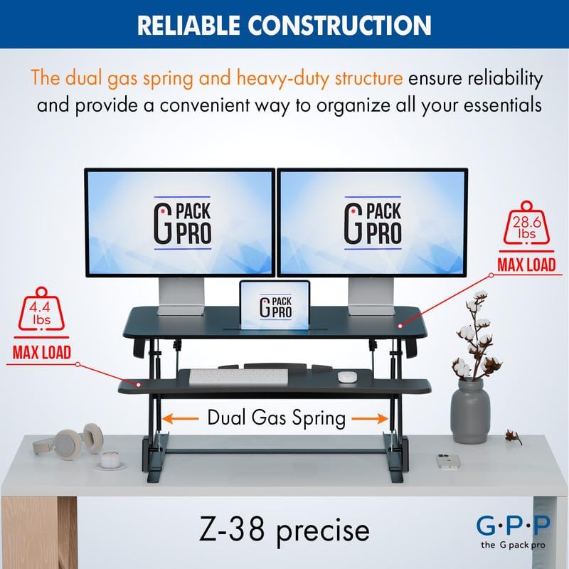 38″ Wide Standing Desk Converter – Sit-to-Stand Workstation for Dual Monitors, Height Adjustable Up to 17.3″ with Large Keyboard Tray – Black