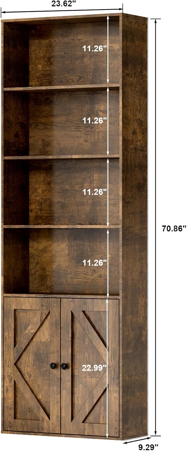 Bookshelf, 6-Tier Floor Bookcase with 2 Bottom Doors, 9.29"x23.62"x70.86", Storage Cabinet Bookshelves for Home Office, Living Room, Bedroom-Brown