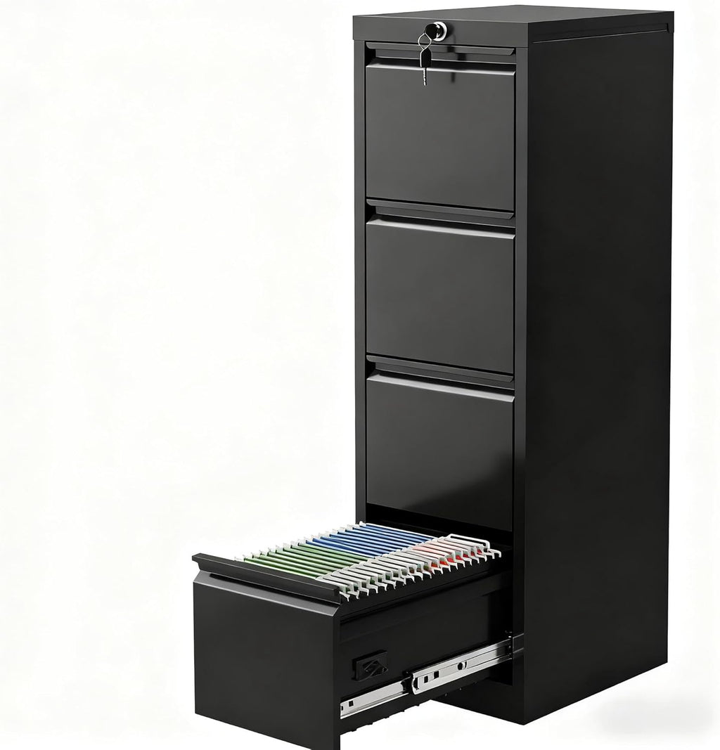 4 Drawer Metal Storage Cabinet with Lock, Wide Steel Filing Unit with Wheels, Rolling Mobile Office Storage for Letter/Legal Files, Home, Office, School, Black