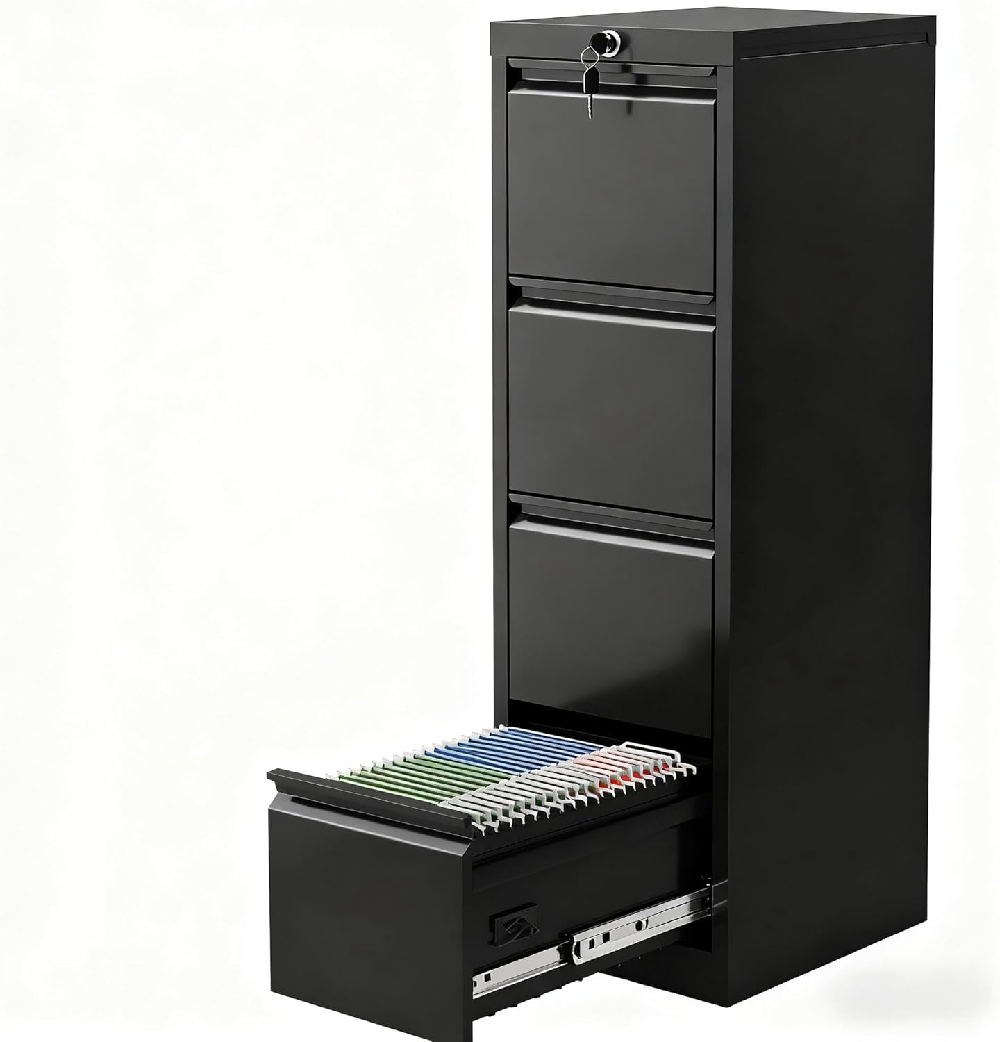 4 Drawer Metal Storage Cabinet with Lock, Wide Steel Filing Unit with Wheels, Rolling Mobile Office Storage for Letter/Legal Files, Home, Office, School, Black