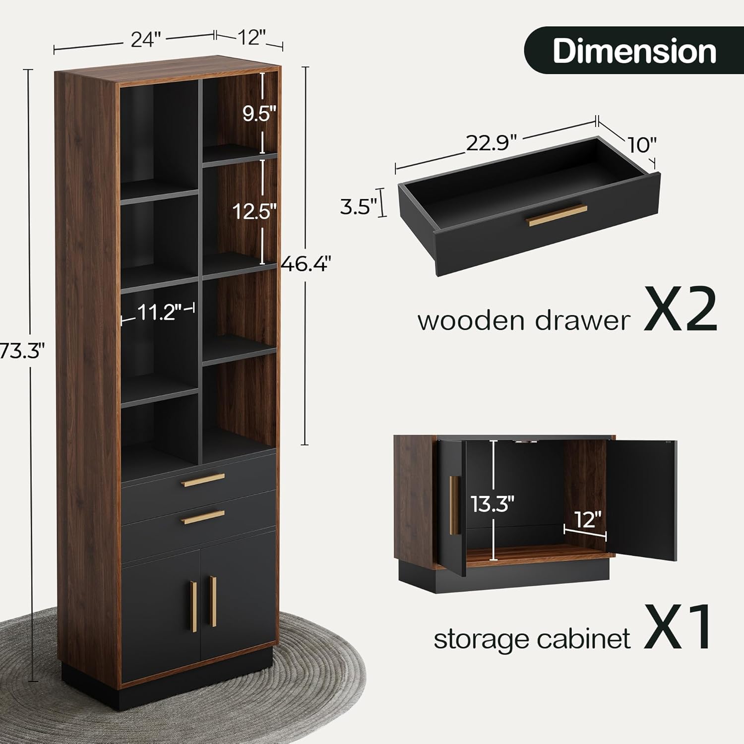 ModernMate Wood Bookcase with 2 Drawers and Doors, 8 Storage Cubes, 73.3" Tall Bookshelf, Modern Bookcases, Wooden Bookshelves for Home and Office, Living Room, Study, Black Walnut
