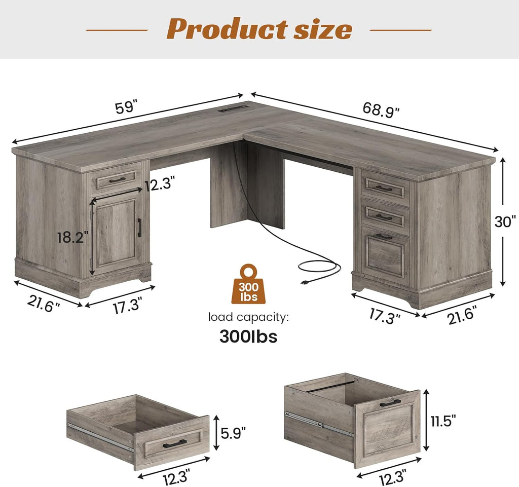 SEDETA 69" L Shaped Desk with Drawers and Storage, Farmhouse Computer Desk with File Drawers and Power Outlet, Corner Executive Desk with Storage Cabinet for Home Office, Grey