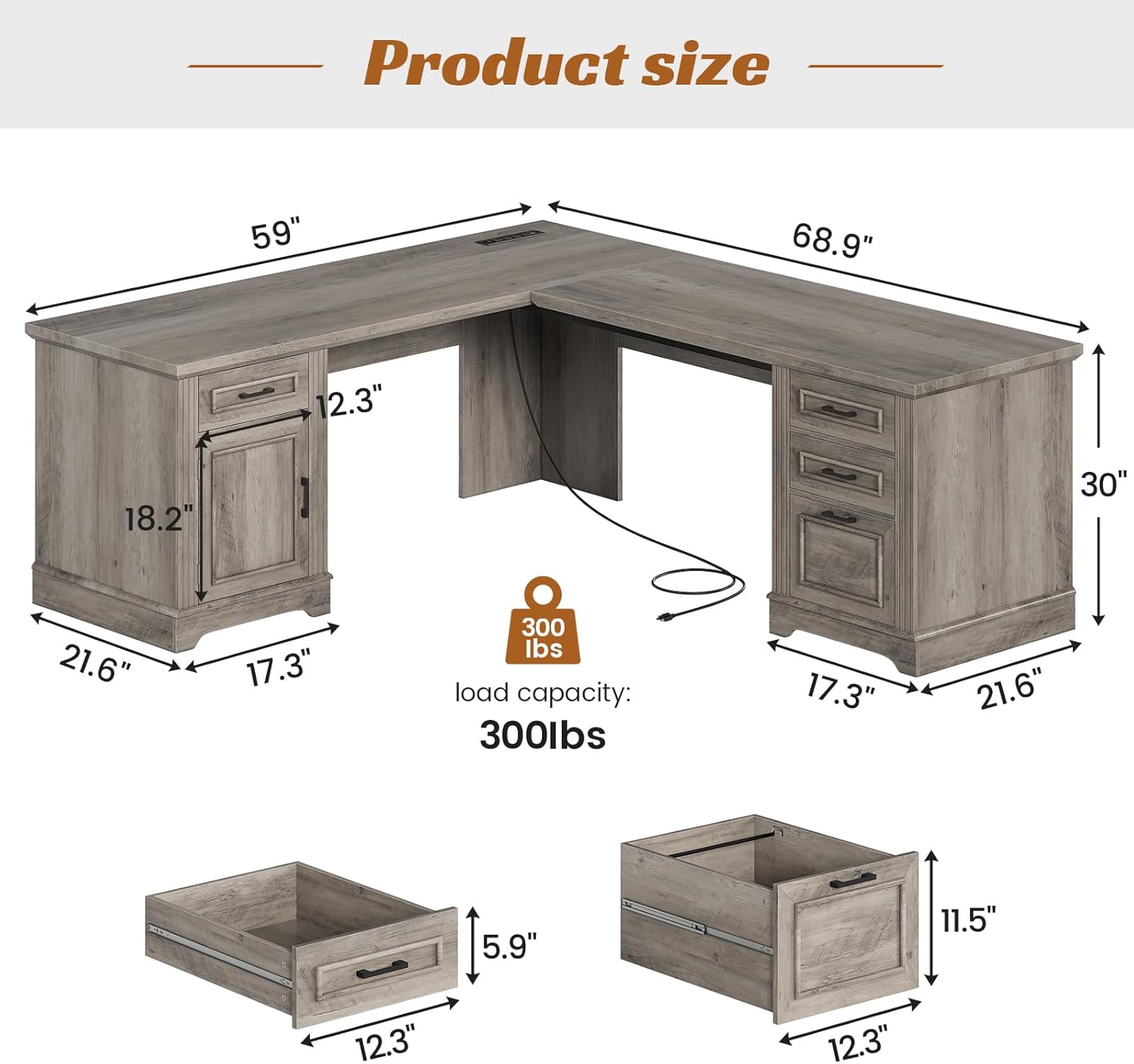 SEDETA 69" L Shaped Desk with Drawers and Storage, Farmhouse Computer Desk with File Drawers and Power Outlet, Corner Executive Desk with Storage Cabinet for Home Office, Grey