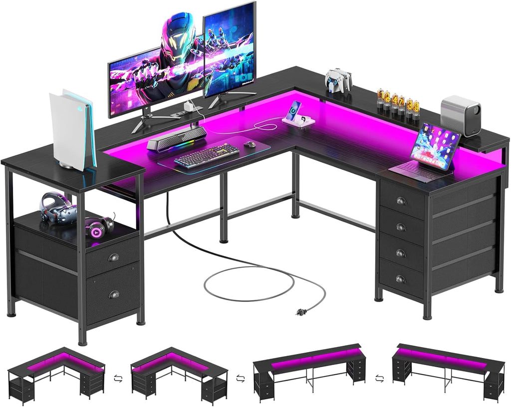 Furologee 66" Reversible L Shaped Gaming Desk with 6 Drawers & Printer Storage Shelves, Corner Computer Desk with Power Outlets & LED Lights, Home Office Table with Monitor Stand, Black