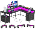 Furologee 66" Reversible L Shaped Gaming Desk with 6 Drawers & Printer Storage Shelves, Corner Computer Desk with Power Outlets & LED Lights, Home Office Table with Monitor Stand, Black