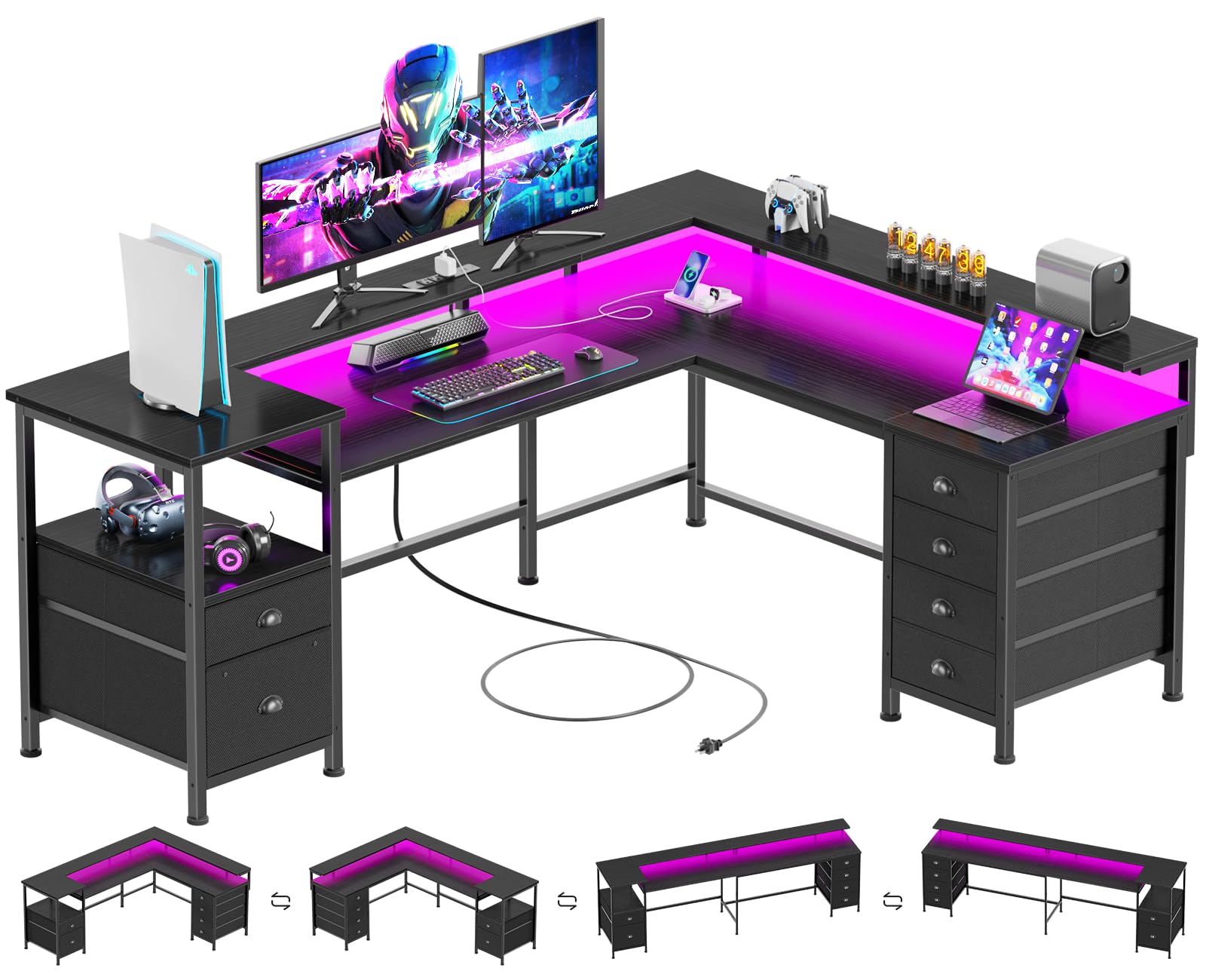 Furologee 66" Reversible L Shaped Gaming Desk with 6 Drawers & Printer Storage Shelves, Corner Computer Desk with Power Outlets & LED Lights, Home Office Table with Monitor Stand, Black