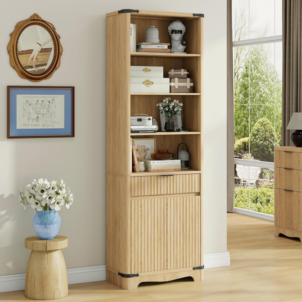 Fluted Bookcase with Doors and Drawer, Modern Farmhouse 70.47'' Tall Narrow Bookshelf with Storage, Wooden Floor Standing 6 Shelf Display Book Shelf Organizer for Home Office, Living Room, Oak