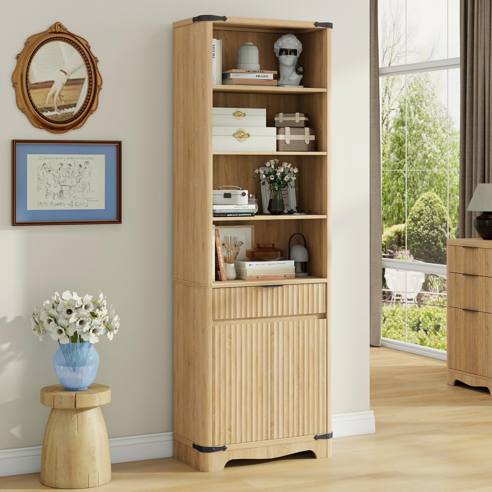 Fluted Bookcase with Doors and Drawer, Modern Farmhouse 70.47'' Tall Narrow Bookshelf with Storage, Wooden Floor Standing 6 Shelf Display Book Shelf Organizer for Home Office, Living Room, Oak