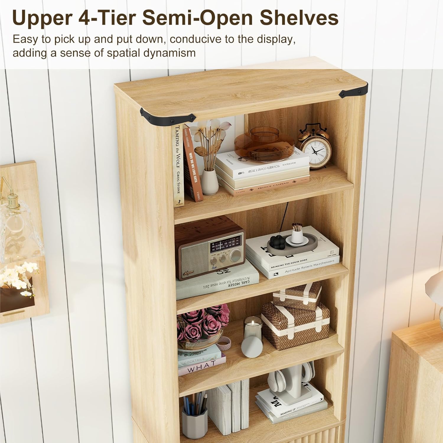 Fluted Bookcase with Doors and Drawer, Modern Farmhouse 70.47'' Tall Narrow Bookshelf with Storage, Wooden Floor Standing 6 Shelf Display Book Shelf Organizer for Home Office, Living Room, Oak