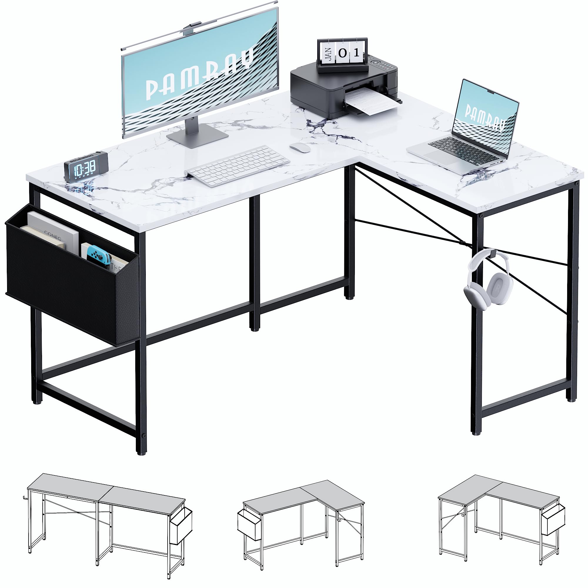 Pamray 64.5 Inch Reversible L Shaped Gaming Desk Large Corner Computer Desk with Storage Bag Home Office Table for Writing Study White