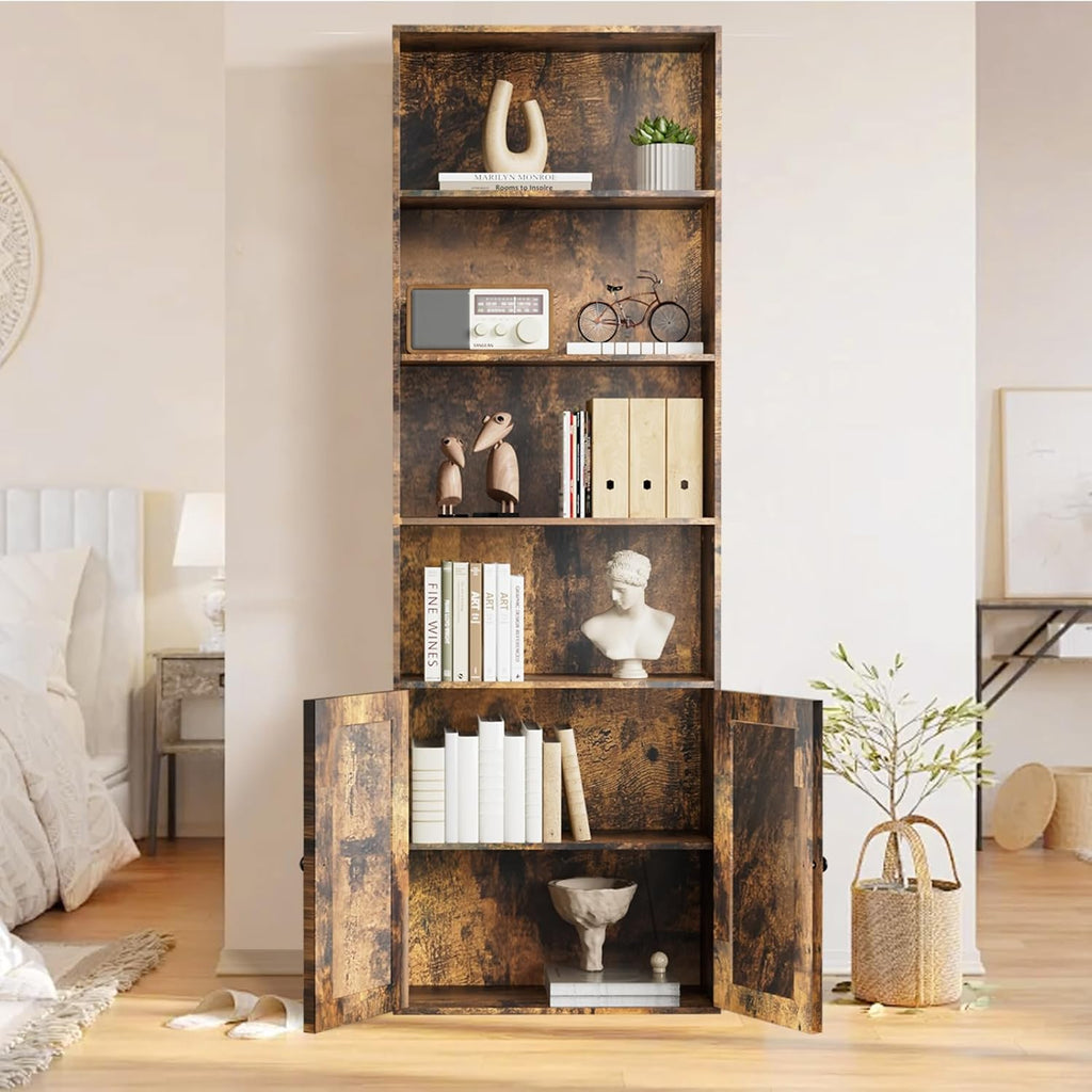 Bookshelf, 6-Tier Floor Bookcase with 2 Bottom Doors, 9.29"x23.62"x70.86", Storage Cabinet Bookshelves for Home Office, Living Room, Bedroom-Brown