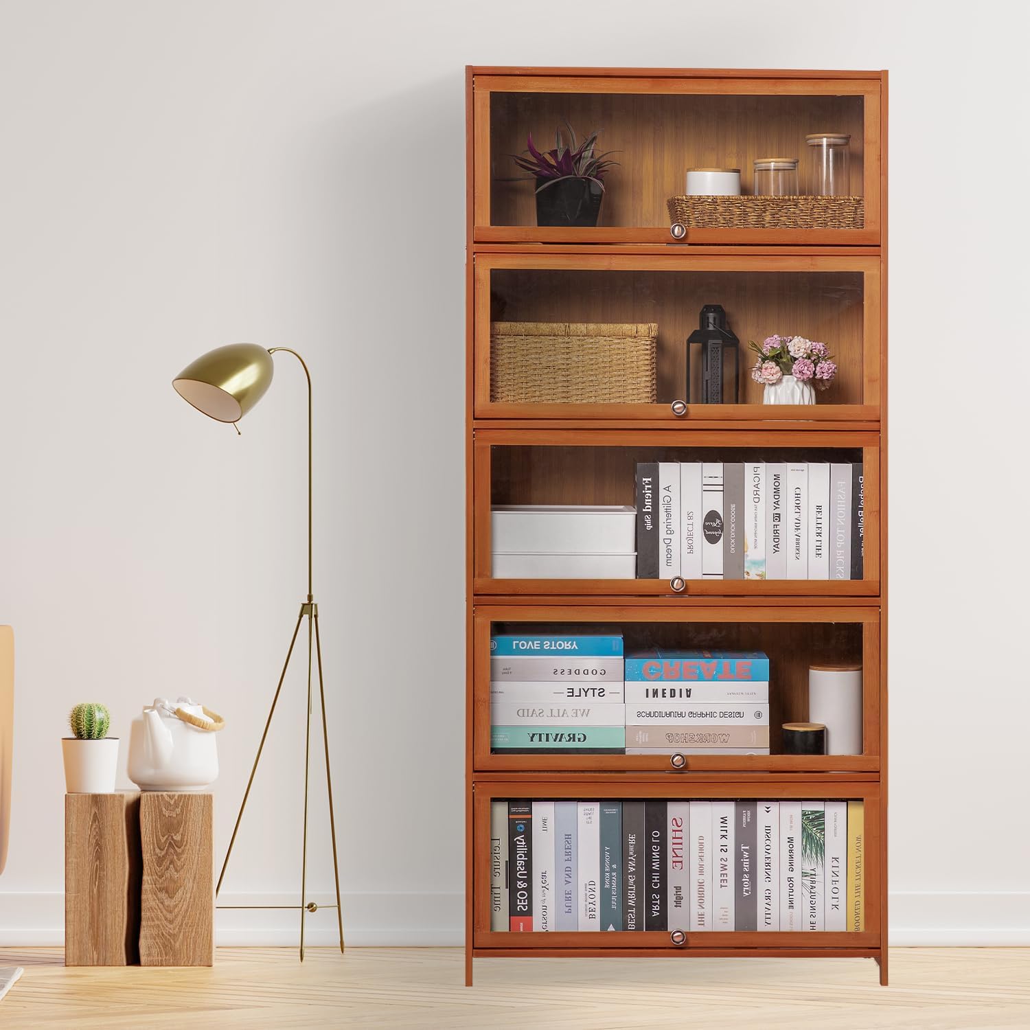 Magshion Bamboo Display Cabinet, 5-Tier Curio Cabinet with Clear Acrylic Flip-Up Doors, 67.5" High Brown Kitchen Cabinet Storage Cabinet Showcase Storage Cabinet Organizer for Living Room - 31" Length