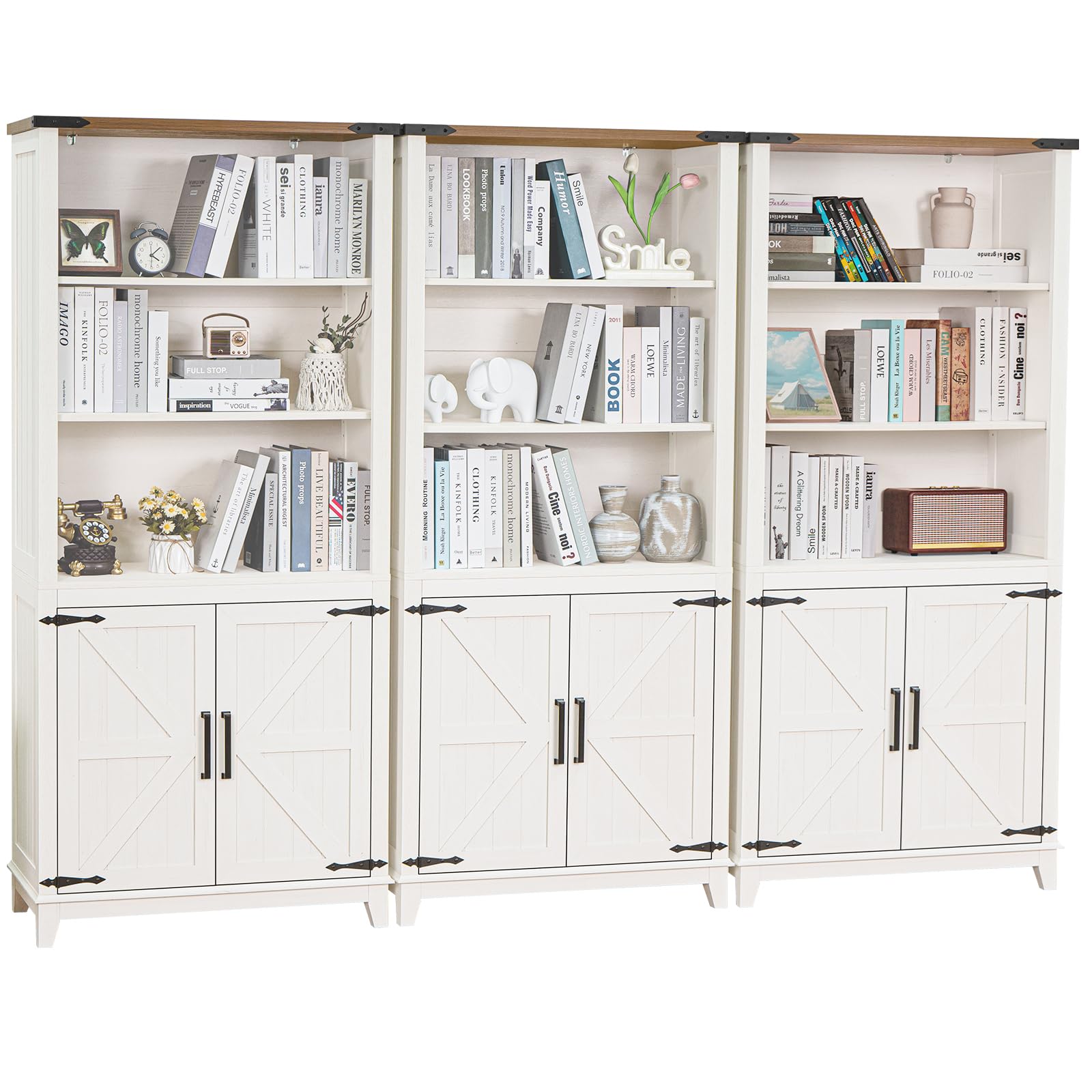 Joaxswe 70in Tall Bookshelf 5 Tier Bookcase with Barn Doors and Adjustable Shelves, Black Farmhouse Book Shelf with Storage Cabinet, Wood Freestanding Display Bookshelves for Bedroom, Living Room