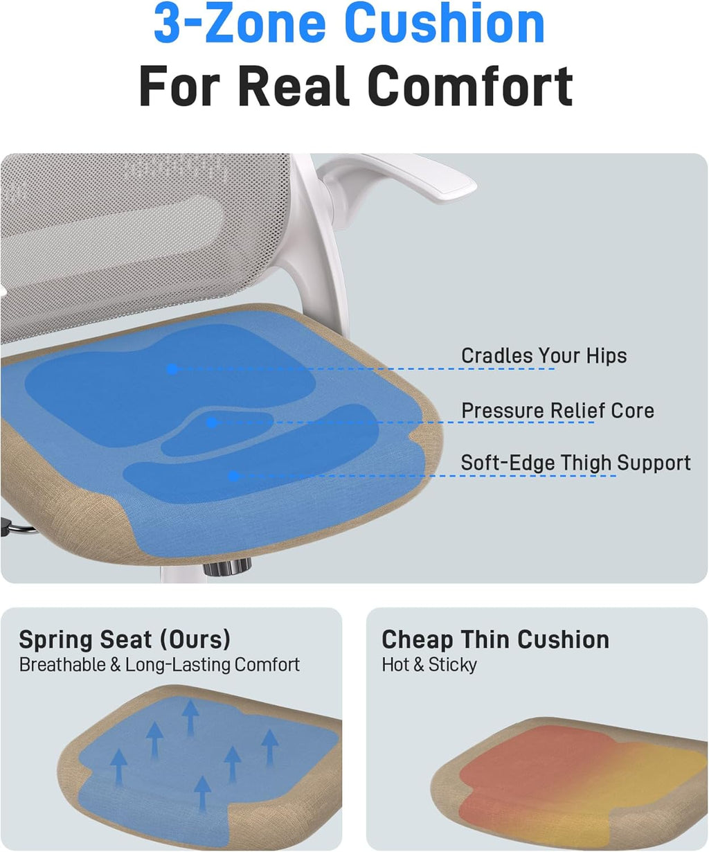 Ergonomic Mesh Office Chair for Home Office, Flip-Up Arms, Breathable Mesh Back & Thick Seat Cushion, Swivel Rolling Computer Desk Chair – BIFMA Certified, Supports 300 lbs (White Frame/Beige Seat)