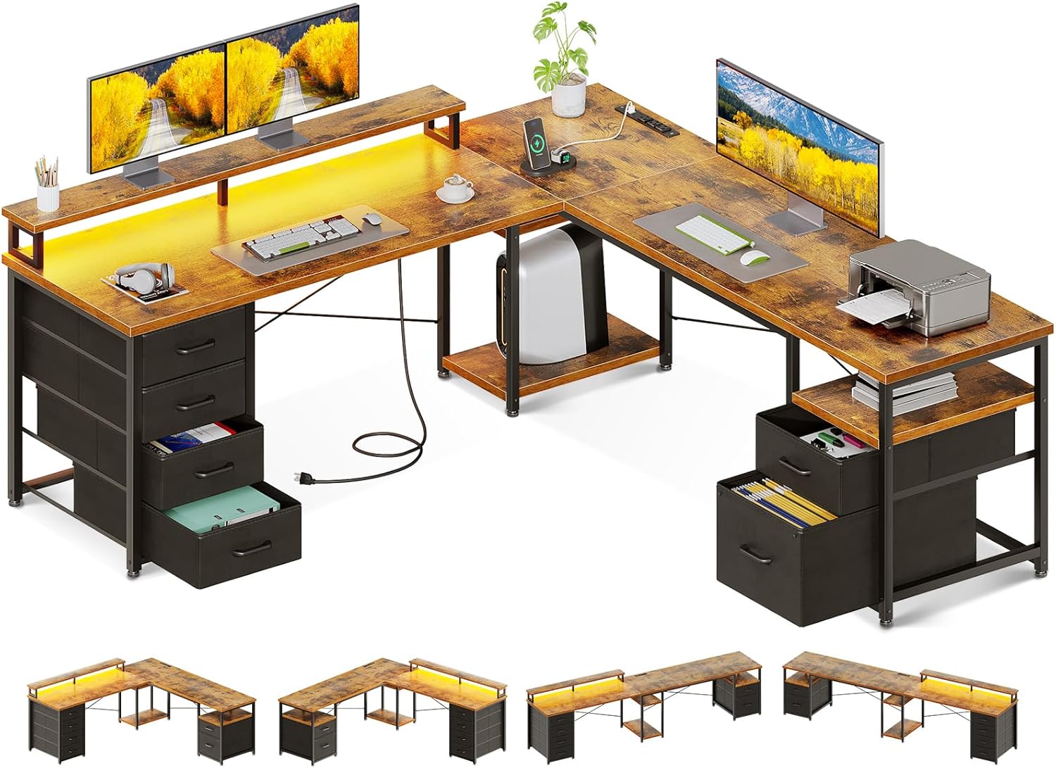 AODK 66" L Shaped Computer Desk, 113“ Reversible Home Office Desk with File Cabinet & 4 Fabric Drawers, Two Person Desk with LED Lights & Power Outlet, Corner Gaming Desk with Monitor Shelf, Vintage