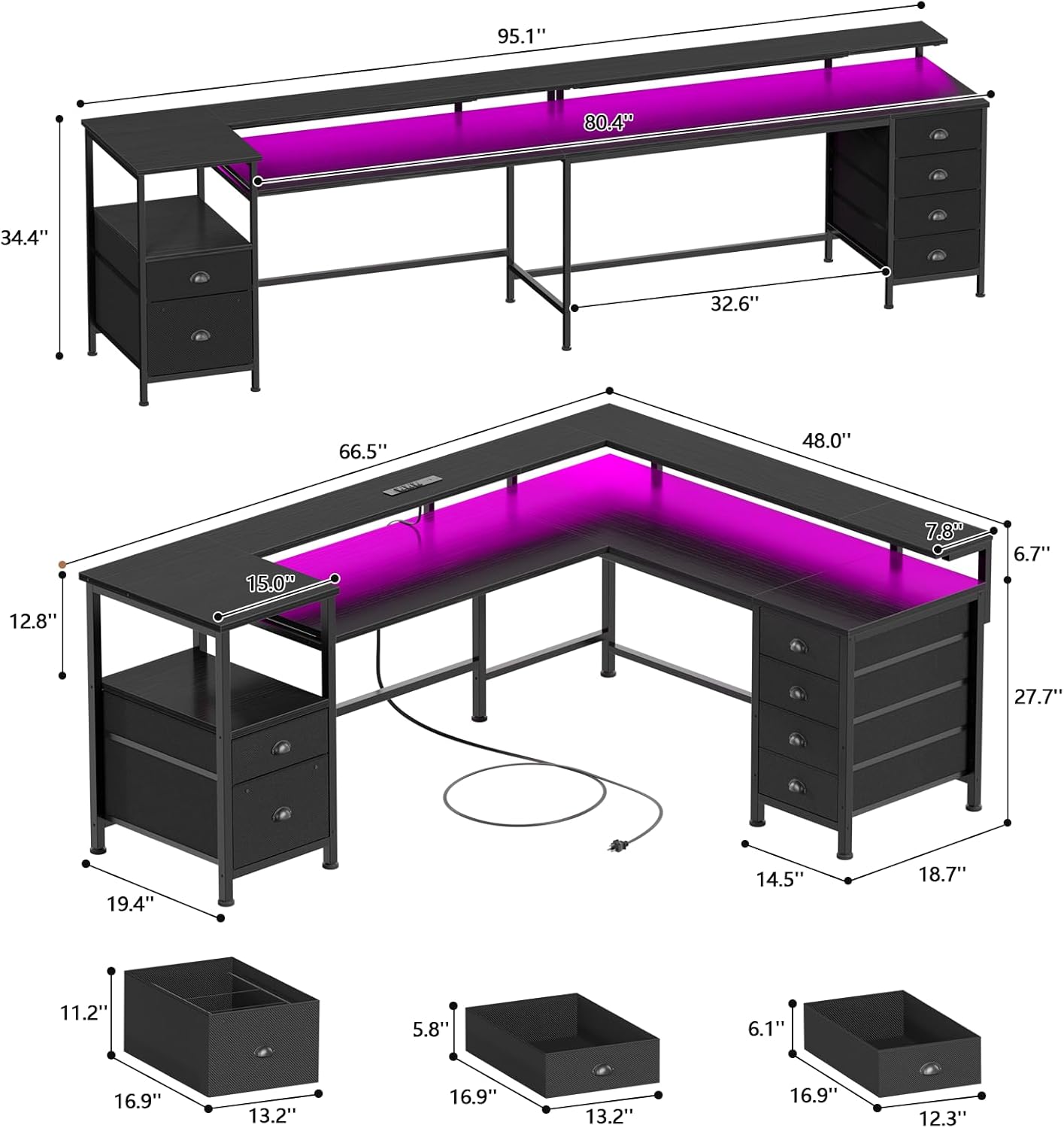 Furologee 66" Reversible L Shaped Gaming Desk with 6 Drawers & Printer Storage Shelves, Corner Computer Desk with Power Outlets & LED Lights, Home Office Table with Monitor Stand, Black