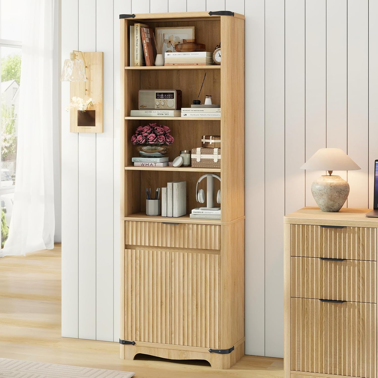 Fluted Bookcase with Doors and Drawer, Modern Farmhouse 70.47'' Tall Narrow Bookshelf with Storage, Wooden Floor Standing 6 Shelf Display Book Shelf Organizer for Home Office, Living Room, Oak