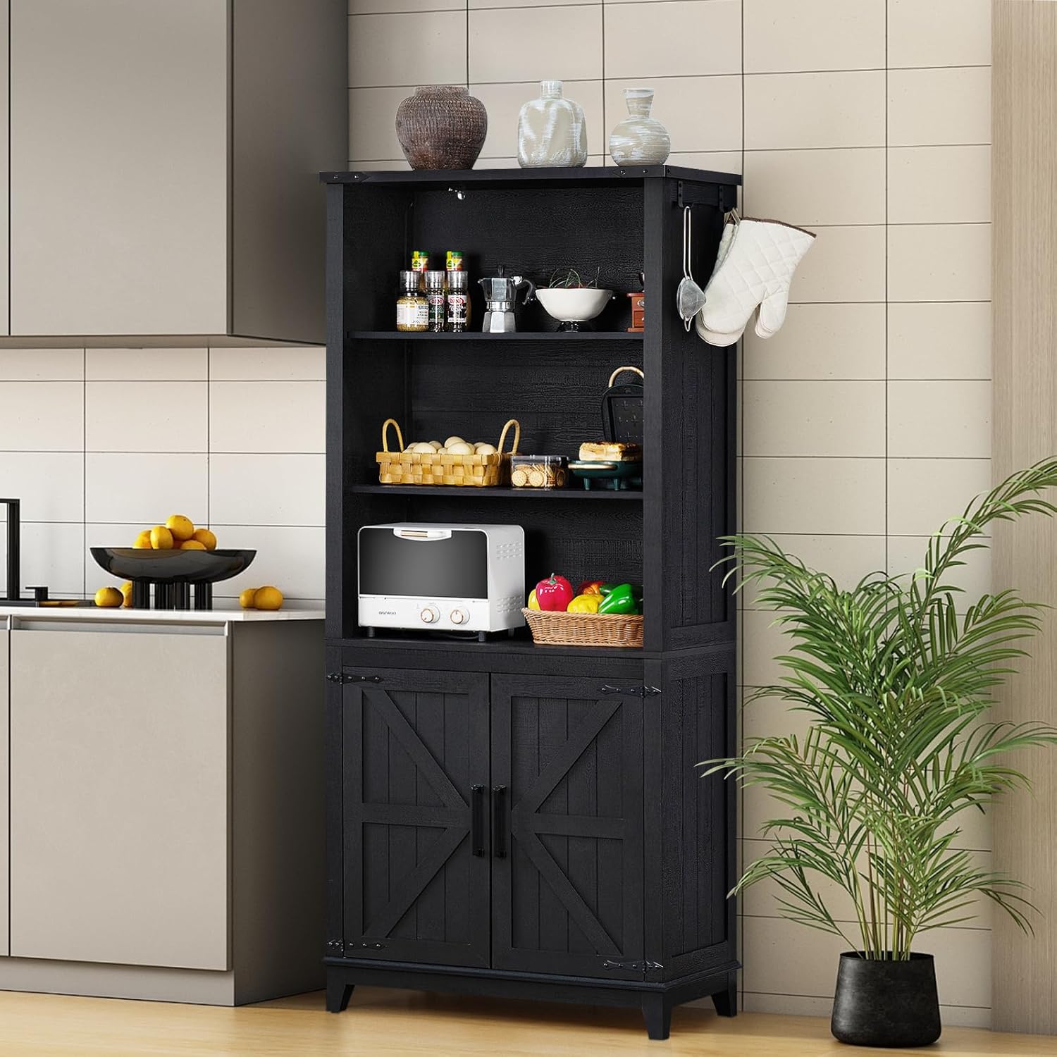 Joaxswe 70in Tall Bookshelf 5 Tier Bookcase with Barn Doors and Adjustable Shelves, Black Farmhouse Book Shelf with Storage Cabinet, Wood Freestanding Display Bookshelves for Bedroom, Living Room