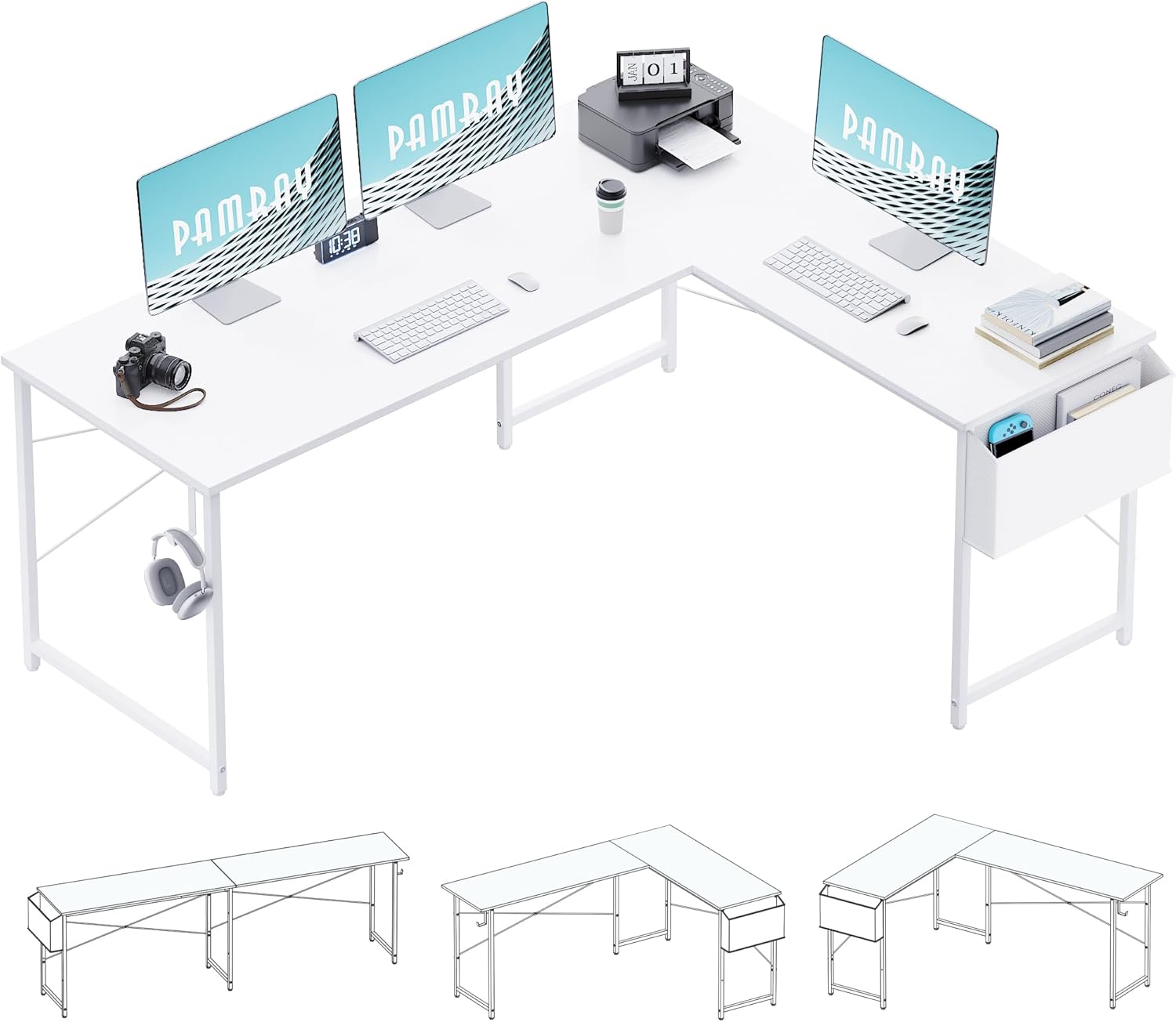 Pamray 64.5 Inch Reversible L Shaped Gaming Desk Large Corner Computer Desk with Storage Bag Home Office Table for Writing Study White