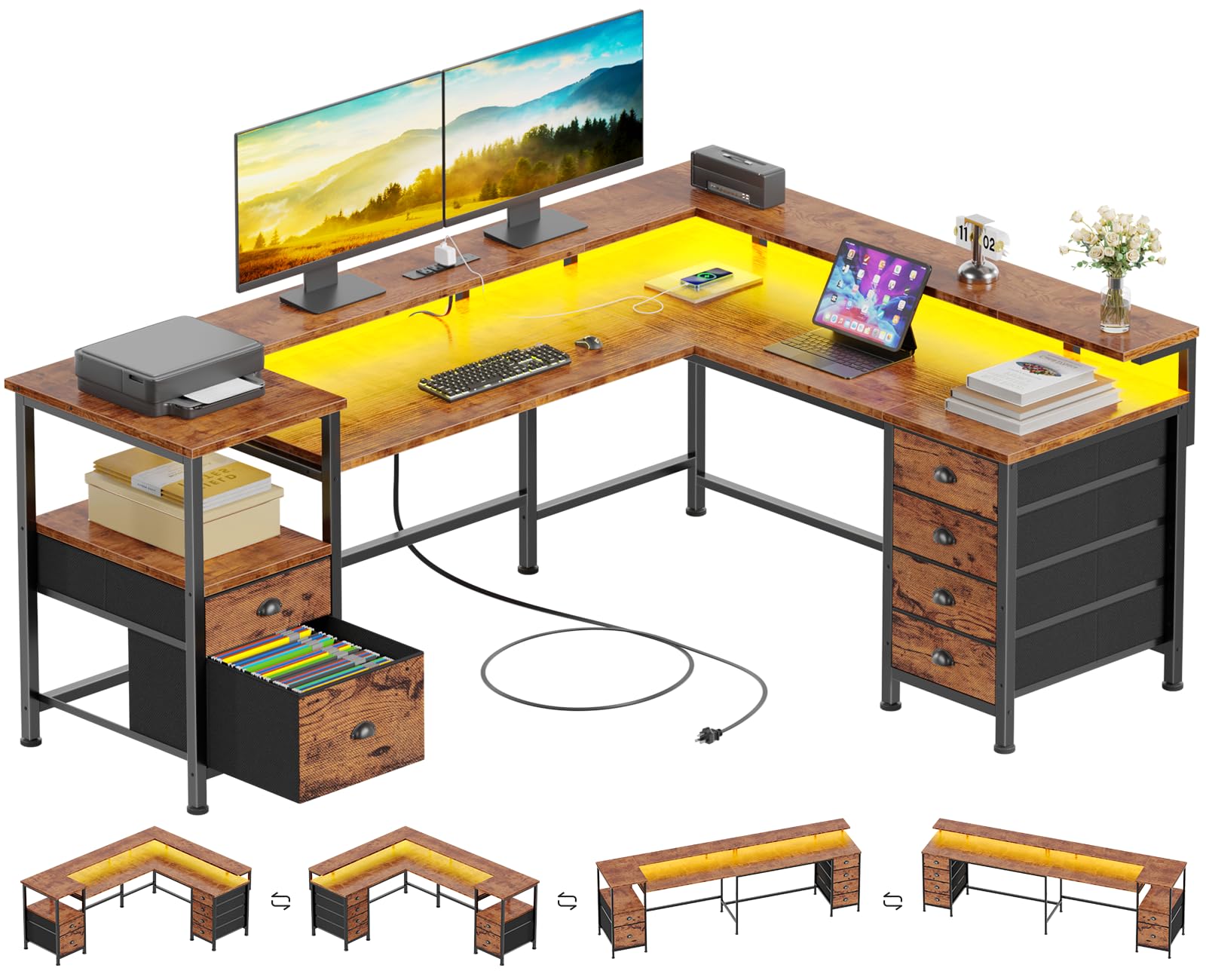 Furologee 66" Reversible L Shaped Gaming Desk with 6 Drawers & Printer Storage Shelves, Corner Computer Desk with Power Outlets & LED Lights, Home Office Table with Monitor Stand, Black