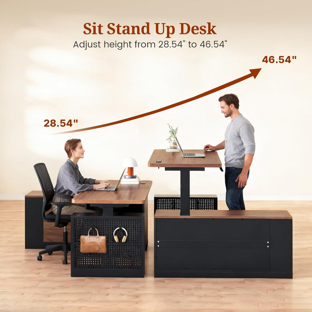 UPOSOJA L Shaped Standing Desk Adjustable Height, 53" Electric Office Desk with File Drawers & Storage Shelves, Sit Stand Corner Computer Desk with Power Outlets, Pegboard, 6 Hooks, Black & Walnut