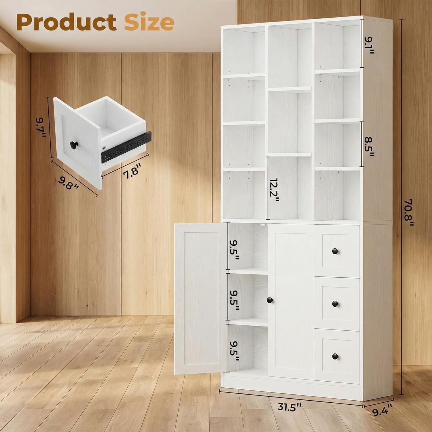 IRONCK 71" Tall Bookshelf and Bookcase with Cabinet and 3 Drawers, 7 Tier Bookshelves with Doors and Open Shelves for Living Room, Home Office, White