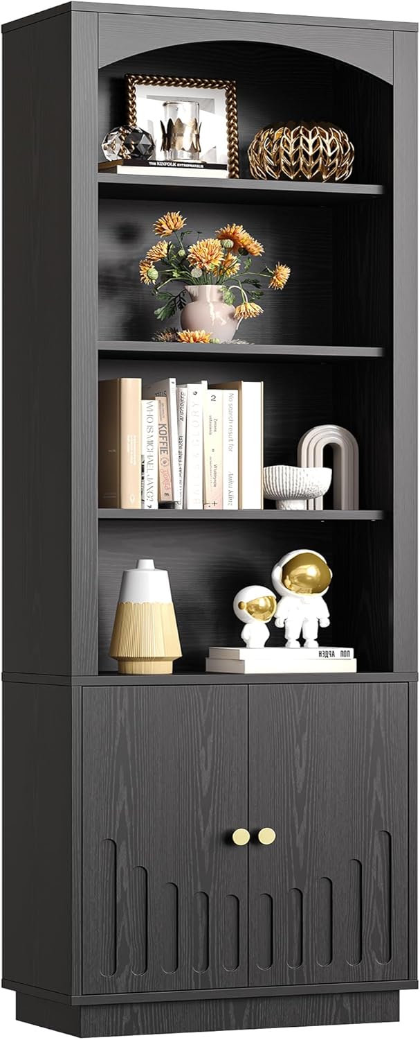 IRONCK Book Shelf and Bookcases with Doors Floor Standing 6 Shelf Display Storage Shelves, 70.8" Tall Bookcase for Home Office, Living Room, Mid-Century Modern, Black