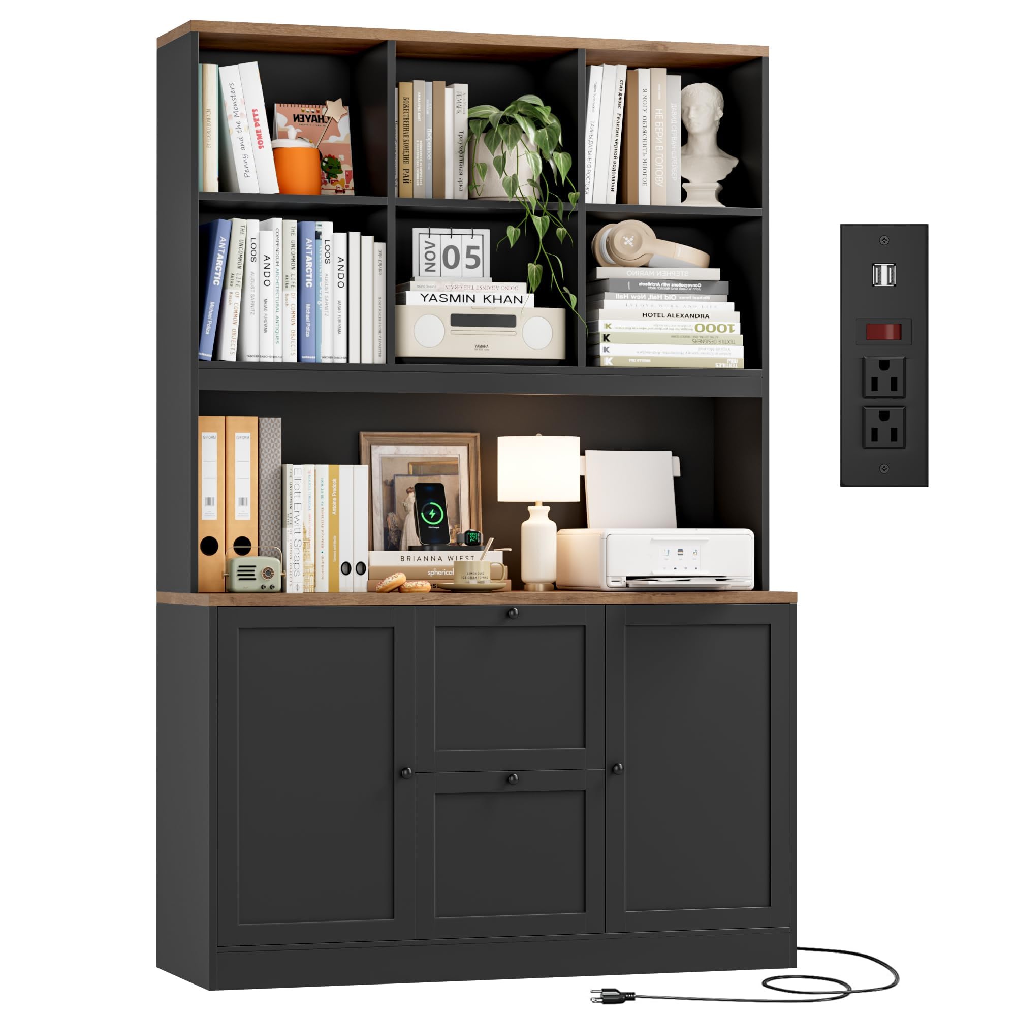 HIFIT 72'' Tall File Bookcase with Power Outlet & Printer Stand, 2 Drawer Filing Cabinets for Home Office Fit Hanging A4 File, Storage Cabinet w/ 3 Tier Open Book Shelf & Doors for Living Room, White