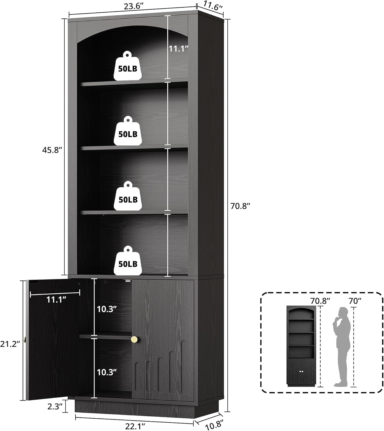 IRONCK Book Shelf and Bookcases with Doors Floor Standing 6 Shelf Display Storage Shelves, 70.8" Tall Bookcase for Home Office, Living Room, Mid-Century Modern, Black