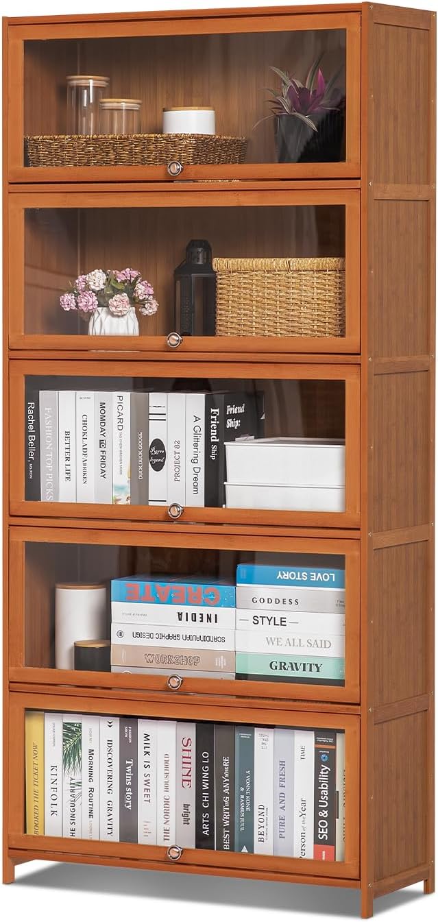 Magshion Bamboo Display Cabinet, 5-Tier Curio Cabinet with Clear Acrylic Flip-Up Doors, 67.5" High Brown Kitchen Cabinet Storage Cabinet Showcase Storage Cabinet Organizer for Living Room - 31" Length