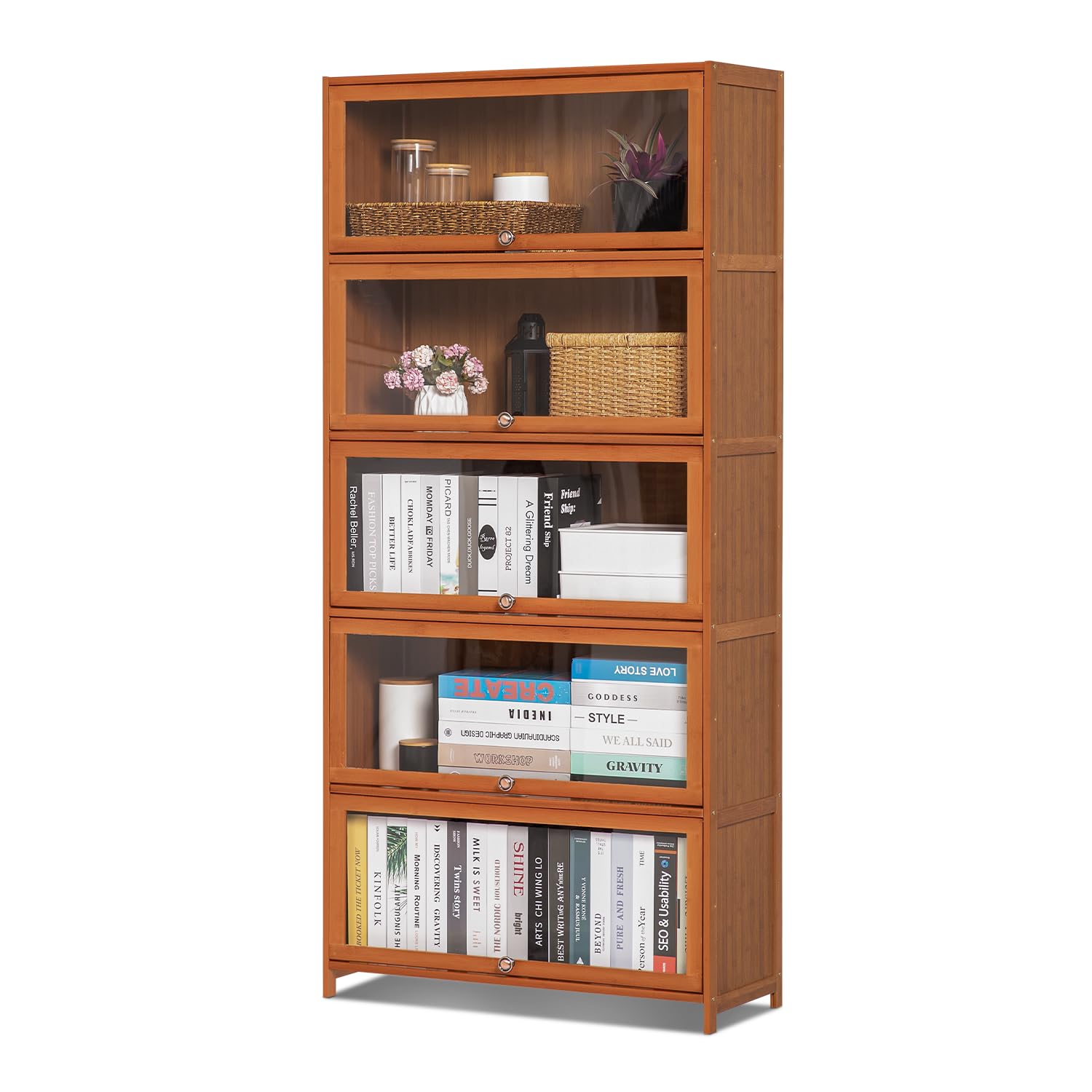 Magshion Bamboo Display Cabinet, 5-Tier Curio Cabinet with Clear Acrylic Flip-Up Doors, 67.5" High Brown Kitchen Cabinet Storage Cabinet Showcase Storage Cabinet Organizer for Living Room - 31" Length