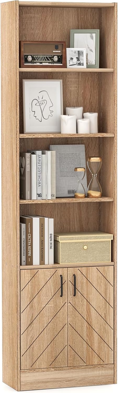 Giantex 6-Tier Bookshelf with Double Doors, 71" Tall Bookcase with 4 Open Cubes & 3 Adjustable Shelves, Mid Century Display Cabinet, Modern Floor Storage Organizer for Living Room, Study, Oak