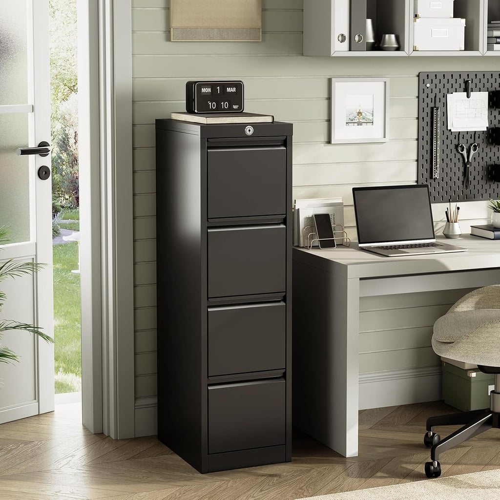 4 Drawer Metal Storage Cabinet with Lock, Wide Steel Filing Unit with Wheels, Rolling Mobile Office Storage for Letter/Legal Files, Home, Office, School, Black