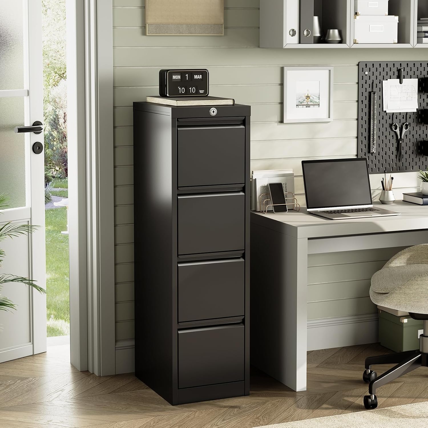 4 Drawer Metal Storage Cabinet with Lock, Wide Steel Filing Unit with Wheels, Rolling Mobile Office Storage for Letter/Legal Files, Home, Office, School, Black