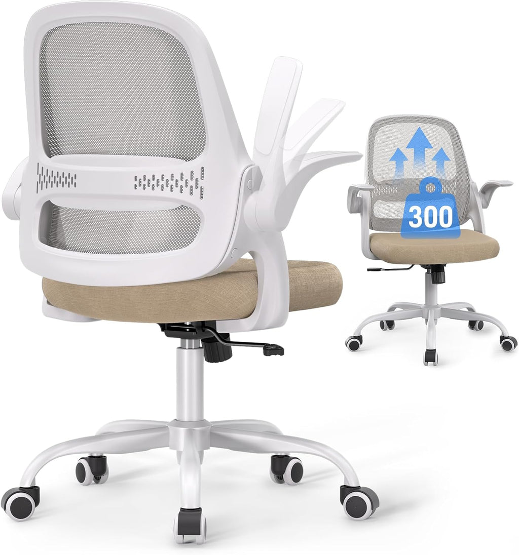 Ergonomic Mesh Office Chair for Home Office, Flip-Up Arms, Breathable Mesh Back & Thick Seat Cushion, Swivel Rolling Computer Desk Chair – BIFMA Certified, Supports 300 lbs (White Frame/Beige Seat)