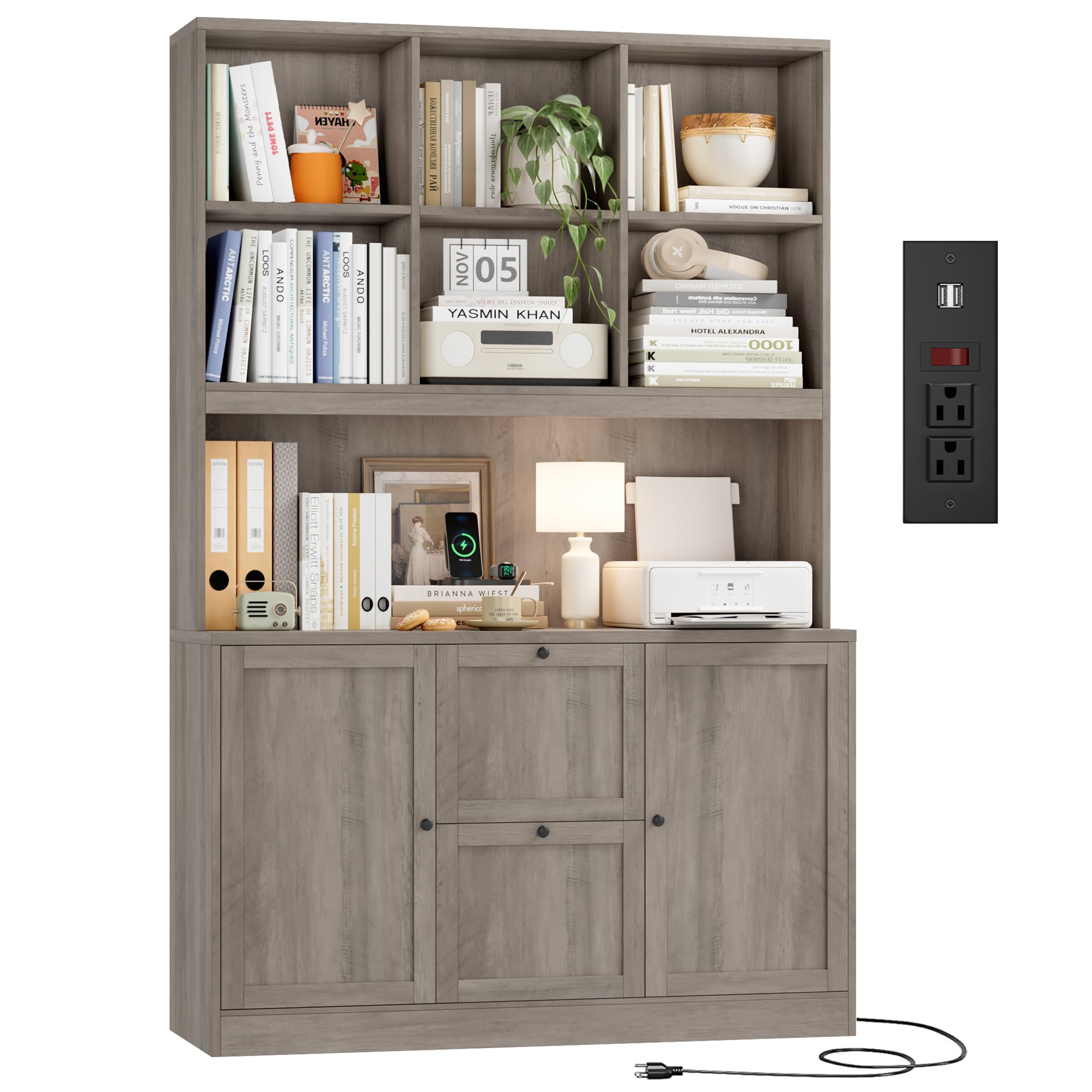 HIFIT 72'' Tall File Bookcase with Power Outlet & Printer Stand, 2 Drawer Filing Cabinets for Home Office Fit Hanging A4 File, Storage Cabinet w/ 3 Tier Open Book Shelf & Doors for Living Room, White