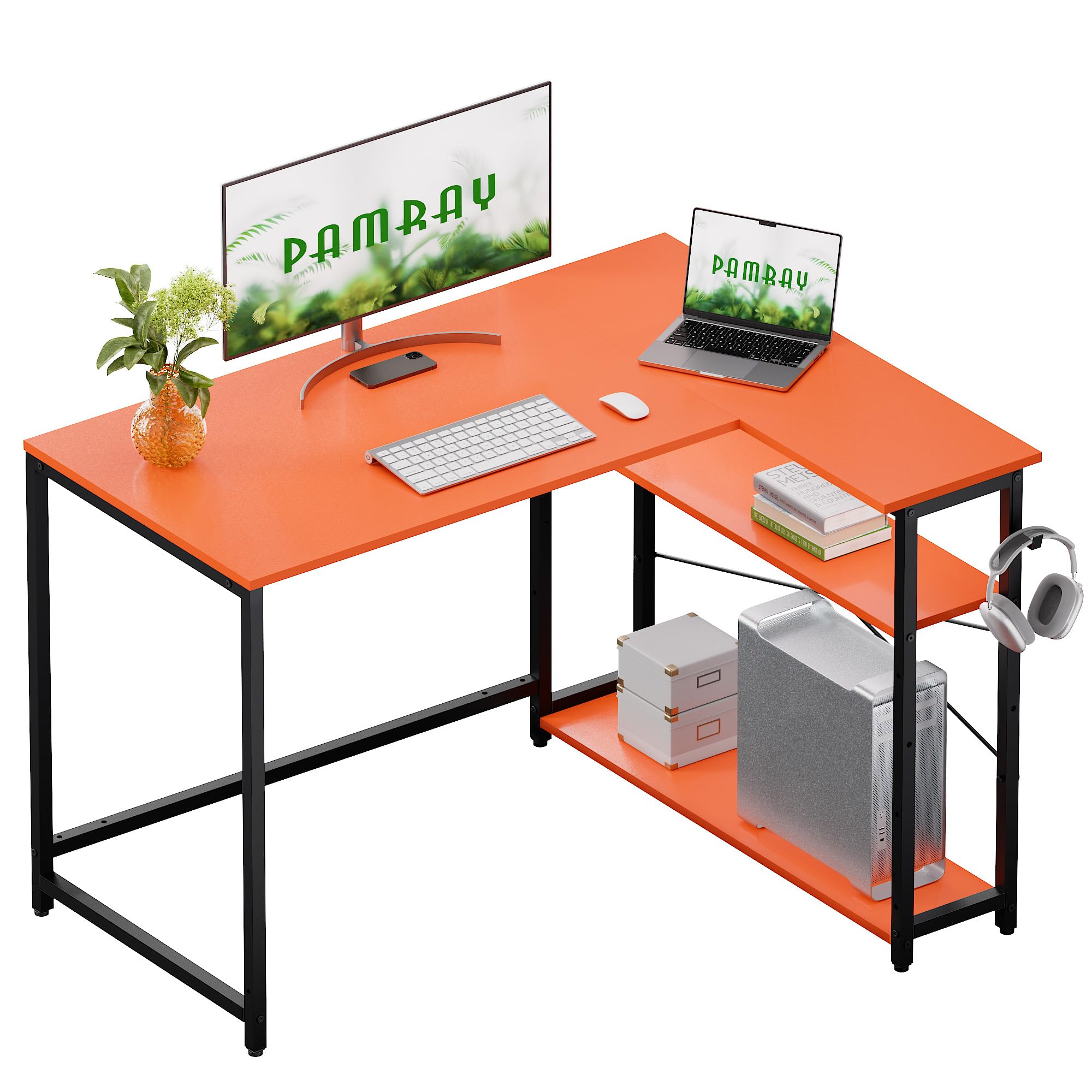 Pamray 43 Inch L Shaped Computer Desk with Reversible Side Storage Shelves, Small Corner Desk for Small Space Home Office,Writing Study Table Gaming PC Desk for Bedroom,Black